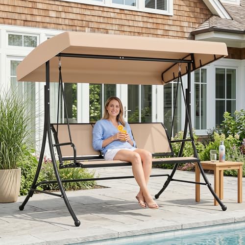 Image of Tangkula 3 Person Porch Swing, Patio Swing with Adjustable Canopy, Heavy-Duty Frame, Breathable Fabric, Outdoor Swing for Porch, Garden, Backyard, Poolside, 800 LBS Max Load