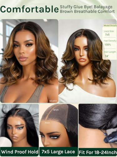 Image of KLAIYI Bye Bye Slip Ombre Highlight Balayage Brown Bob Body Wave Glueless Precut 7x5 Lace Front Wigs Human Hair Drawstring Pre Plucked Bleached Knots Face Framing 30S Ready to Wear and Go Wig 14Inch