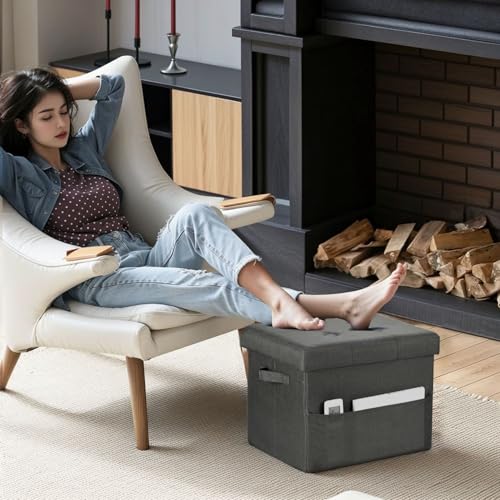 Image of Bsketa Storage Ottoman Bench,17 inch Folding Linen Foot Rest Stool,Dark Gray | Small Ottoman with Side Pockets, Thicker Foam Padded Seat, Livingroom, Dorm, Bedroom, Easy to install, 43L,17 x 13 x 13in