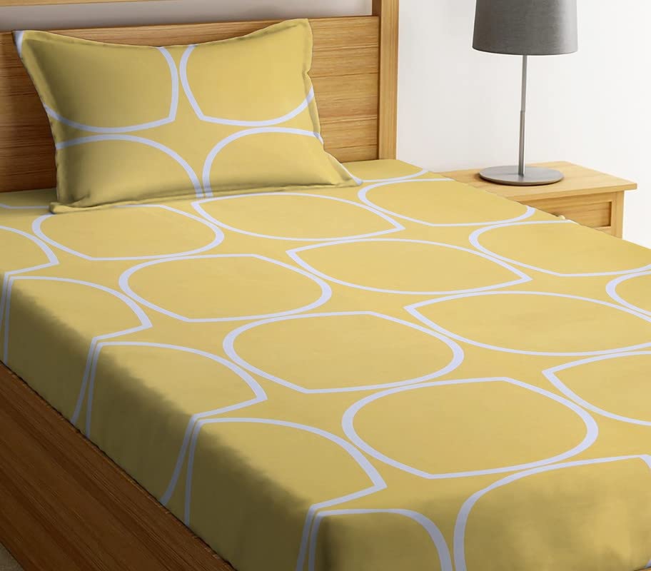 Image of NHD HOME Premium Glace Cotton 180 TC Flat Single Bedsheets for Summer Breathable | Wrinklefree (Size-60 X 90 Inch) with 1 Pillow Covers (Size-17 X 27 Inches, White & Yellow)