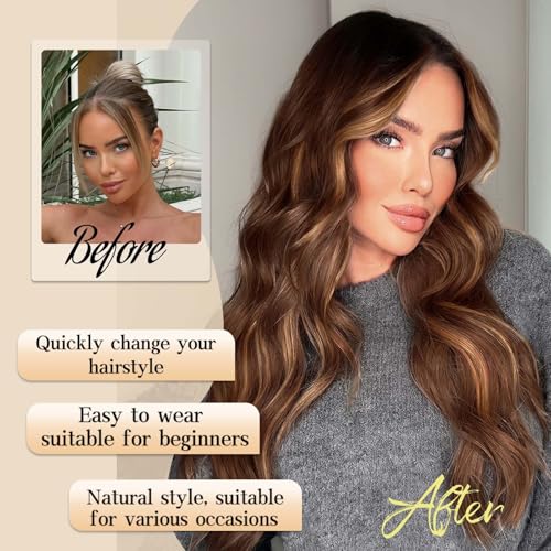 Image of AISI HAIR 【Beginner Friendly Wigs Brown Highlight Wig for Women, Long Wavy Lace Hairline Middle Part Synthetic Heat Resistant Wig for Daily Party-26 Inch