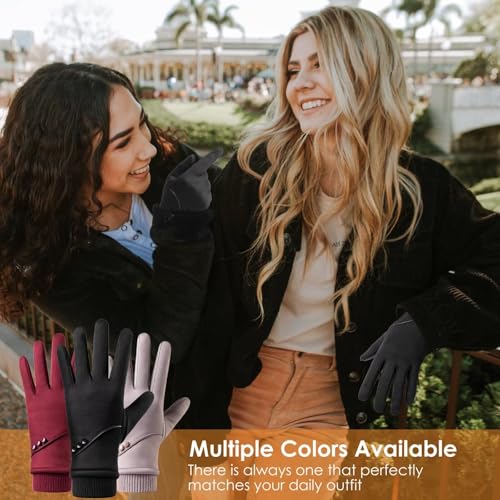 HOLDINA Handschuhe Damen Winter Warm, Wasserdichte Handschuhe Damen mit Rutschfestem Leder, Handschuhe Damen Touchscreen mit Fleece Gefüttert zum Fahren, Laufen, Radfahren, Wandern (Hellrosa-M)