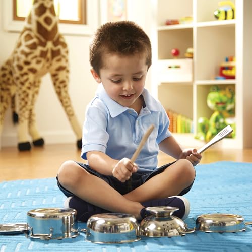 melissa amp doug stainless steel pots amp pans 8 piece play kitchen set premium play kitchen accessories amp cooking utensils preschool toys for kids 3