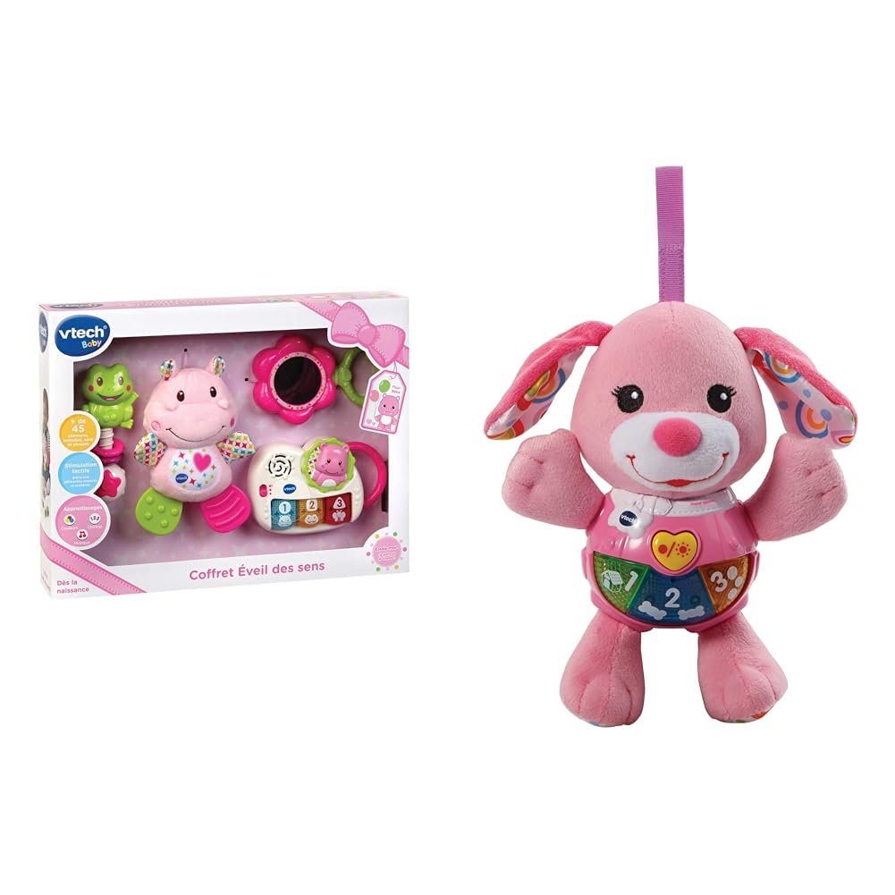 VTech - Coffret Naissance Éveil des Sens Rose, Premiers Jouets Bébé, Doudou Hippo en Peluche & Chant' Toutou Rose, Peluche Chien Interactive, Hochet Bébé, Éveil Musical, Jouet Poussette