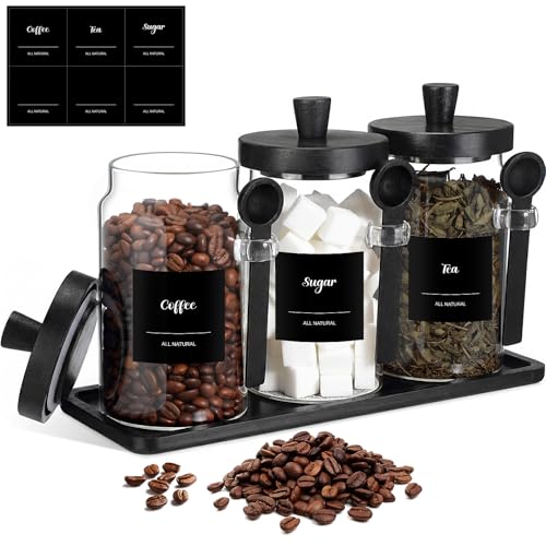 Image of Suclain 3 Pcs Glass Coffee Container Set, 25 oz, Black Bamboo | Coffee Tea Sugar Canister Set, Airtight Jar Food Storage with Wood Spoon Tray Labels, Kitchen Counter Bar Organization