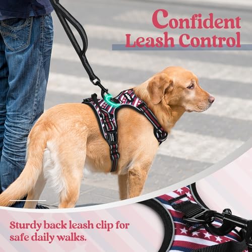 Image of rabbitgoo Dog Harness No Pull with 2 Leash Clips, Adjustable Soft Padded, Reflective Oxford No Choke Pet Vest with Easy Control Handle for Large Dogs, Red Stripe, M