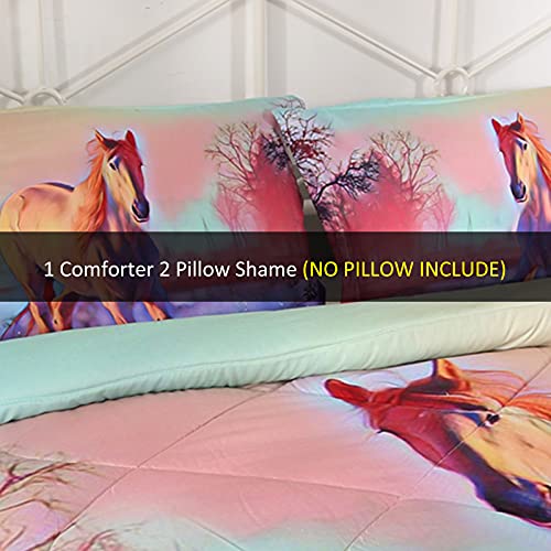 Horse Kids Bedding Set,3 Piece Pink Horse Full Comforter With Watercolor Snow Cute Style For Girls Kids Teens Soft Microfiber Quilt Bed Set With 2 Pillow Case #TOP5