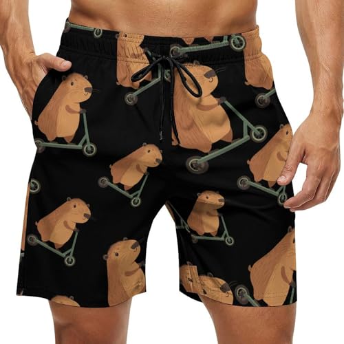 Cute Capybara Riding Scooter Beach Shorts for Men Swim Trunks Quick Dry Bathing Suit Drawstring Hawaiian Short