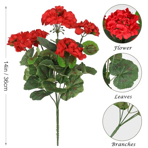 Artificial Flowers for Outdoors, 4 Pack Red Geraniums Silk Flowers UV Resistant No Fade Faux Flowers Geraniums Bush for Home Outdoor Garden Porch Window Vase Wedding Decor (Red) image 6