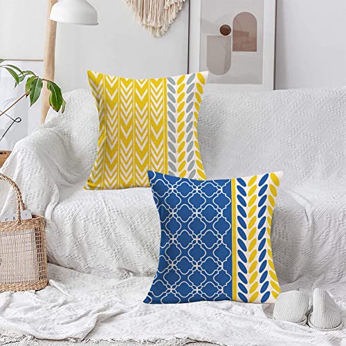 Doitely Blue And Yellow Geometric Pillow Covers 18" X 18" Set Of 4 Modern Sofa Throw Pillow Covers Home Sweet Home Quote Decorative Outdoor Square Pillow Case For Couch Bed #TOP2