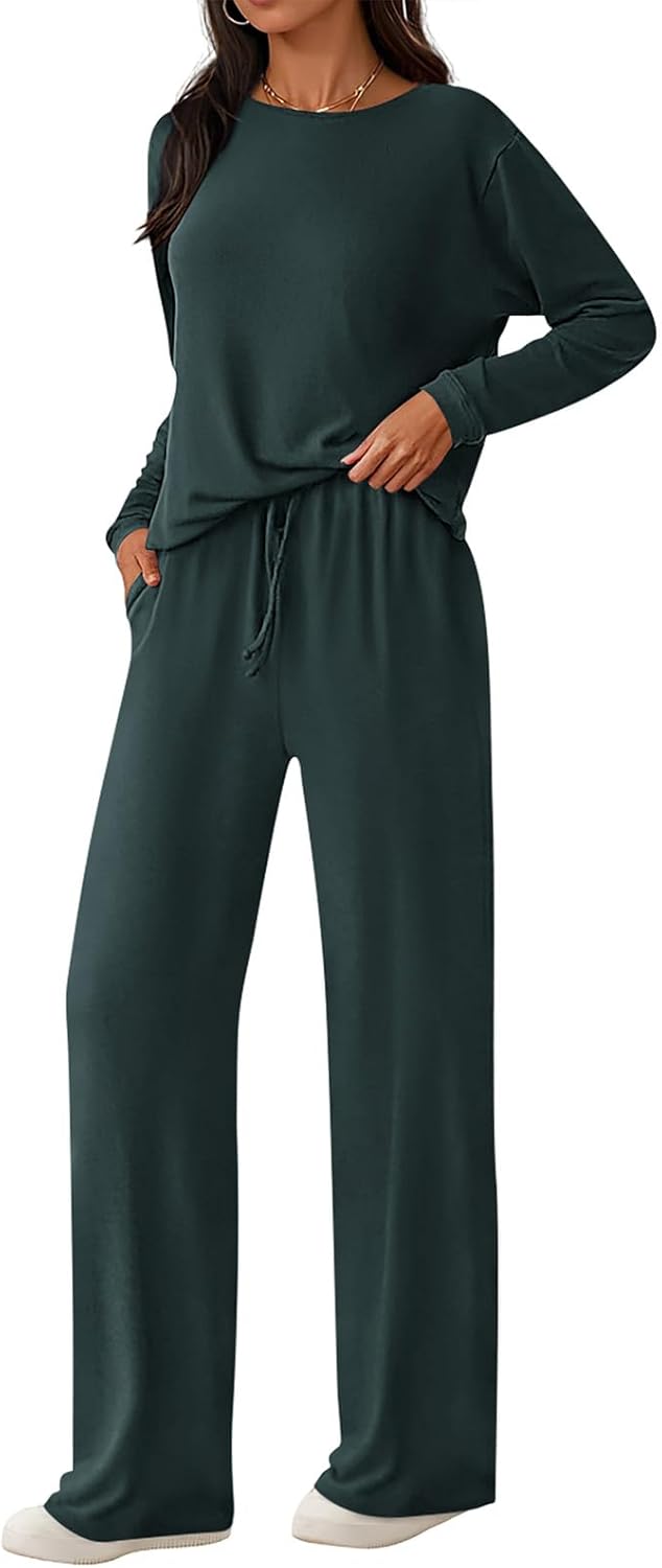 PRETTYGARDEN Womens 2 Piece Outfits Long Sleeve Crewneck Lounge Sets Wide Leg Pants Woman Tracksuits Loose Fit Fall Clothes