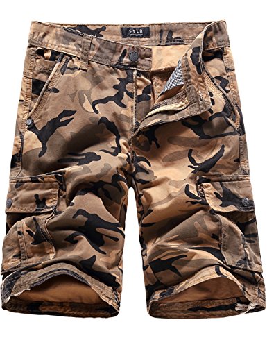 SSLR Men's Cotton Multi-Pocket Casual Outdoor Wear Cargo Shorts (29, Khaki Camouflage)