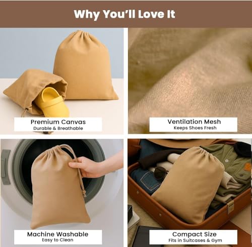 Image of LFH Cotton Rich Shoe Storage Bags with Drawstring, Dustproof Breathable Reusable Organizer, Perfect For Travel, Dorm, Hotel, College, Gym, Easy to Carry, Machine Washable 8 inchx17 inch (Pack of 2) - Beige