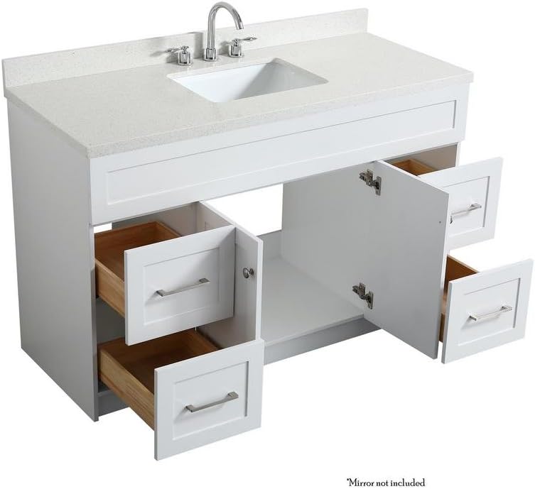 DKB Bradford Series 55" Inch Single Rectangle Sink Bathroom Vanity Cabinet in White, Pure White Quartz Countertop, 2 Soft Closing Doors, 4 Full Extension Dovetail Drawers, No Mirror