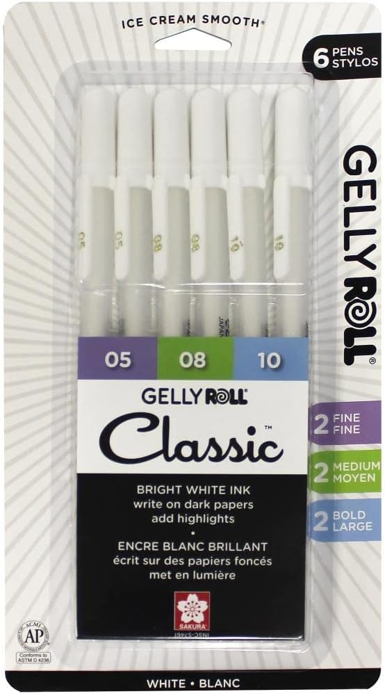 SAKURA Gelly Roll Gel Pens – Fine, Medium & Bold Tip Ink Pens for Journaling, Art, or Drawing – For Art Gifts, Holiday Gifts & DIY Projects – Classic White Ink – 05/08/10 Assorted Tip Sizes – 6 Pack SAKURA Gelly Roll Gel Pens – Fine, Medium & Bold Tip Ink Pens for Journaling, Art, or Drawing – For Art Gifts, Holiday Gifts & DIY Projects – Classic White Ink – 05/08/10 Assorted Tip Sizes – 6 Pack