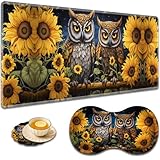 大型ゲームマウスパッド + 手首サポートパッド + コーヒーコースター、縫い目のエッジ付きデスクパッド、滑り止めセットパッド オフィスワークや自宅に最適 - フクロウとひまわり
