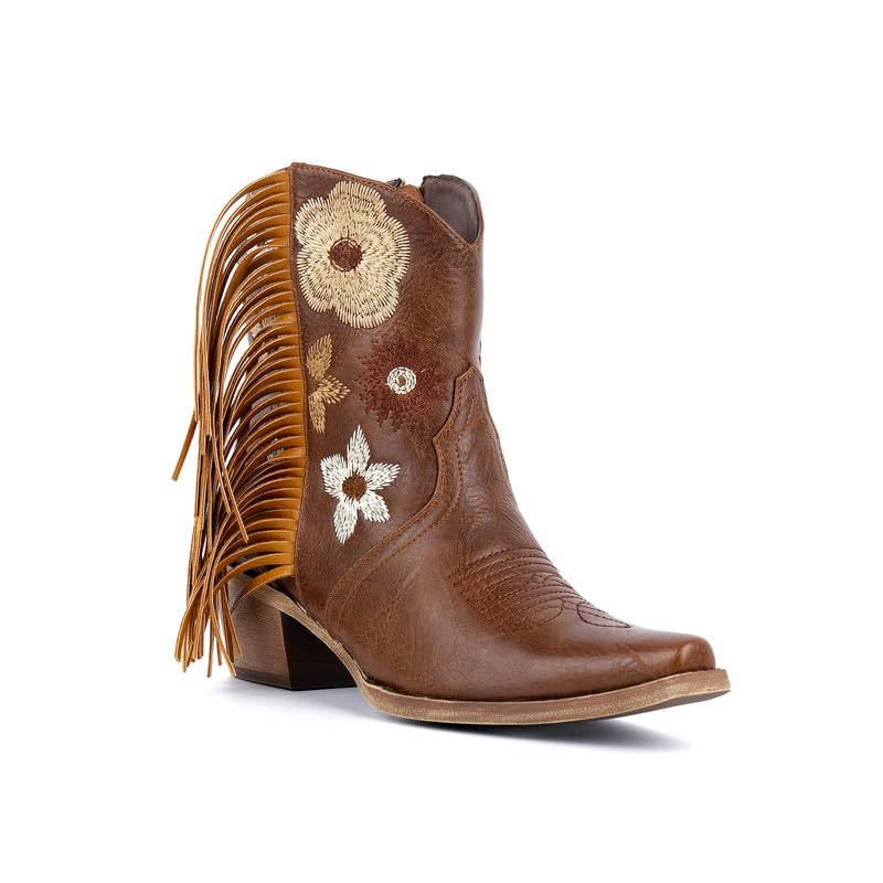 Women's Floral Embroidered Cowgirl Boots with Fringe – Pointed Toe Short Western Booties, 2.1 Inch Chunky Heel Cowboy Shoes for Country Concert, Rodeo, Fall Outfits Brown4