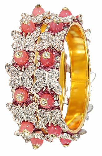 Image of LAVAZZA Stylish Butterfly Design Golden Metal with Zircon Diamond & Pearls Moti Bangles Kada For Women & Girls | Traditional Girl's Bangles Bracelet | Women's Kangan Wedding, Party-Set of 2