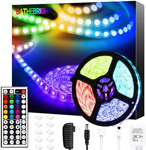 BATHEBRIGHT LED Strip Lights Waterproof IP65 16.4ft 300Leds RGB SMD 5050 Rope LEDs Color Changing Light Full Kit with 44 Keys IR Remote Controller 12V 2A Power
