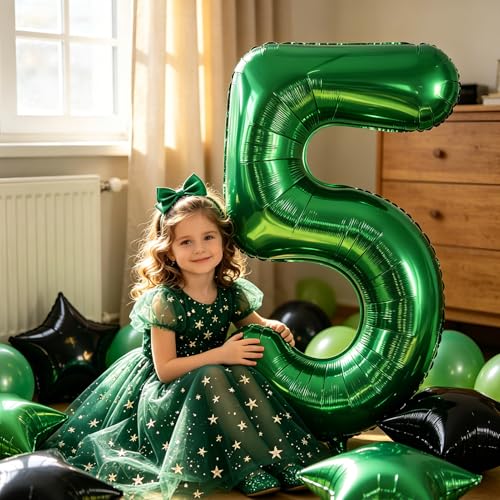 Image of TONIFUL 5th Birthday Balloons 40 Inch Green Large Number 5 Foil Balloon 18 Inch Helium Mylar Heart Star Shaped Ballons for Boys Men Birthday Anniversary Graduation New Year Eve Party Decoration