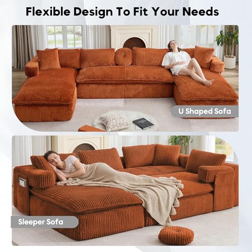 Image of Oversized Cloud Boneless Couch with Chaise, 149 inch Modern U Shape Modular Deep Seat Sectional Sofa, Comfy Corduroy Upholstered Couches for Living Room, No Assembly Required, Burnt Orange