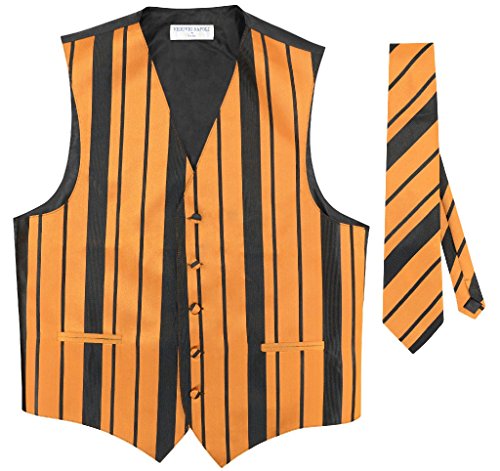 Vesuvio Napoli Men's Dress Vest & NeckTie GOLD & BLACK Color Woven Striped Design Neck Tie Set