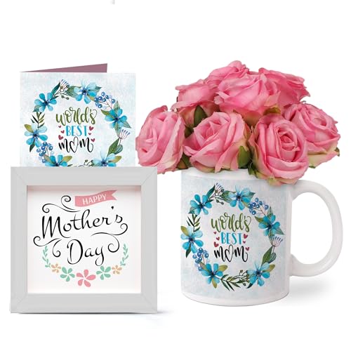 Image of TIED RIBBONS Gift for Mom, Birthday Gift for Mom Wife Women Mother in Law Mummy (Artificial Flower Rose Bunch with Ceramic Coffee Mug, Photo Frame & Greeting Card) Set Combo