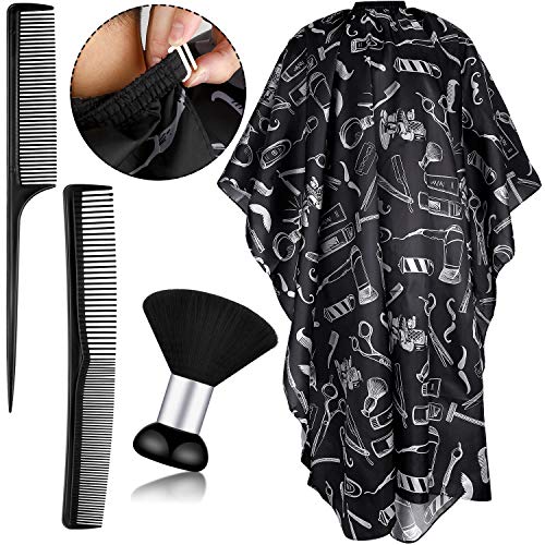 4 Pieces Salon Barber Cape Set with Adjustable Snap Closure Hair Cutting Stylist Styling Hairdresser Cape Cloth with Neck Duster Brush Wide and Fine Teeth Tail Comb for Hair Cutting Styling