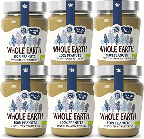 Whole Earth - Pack de 6 Unidades de Crema Ecológica de Cacahuete de 227 g - Sin Azúcar Añadido y Sin Gluten - Apta para Veganos - Fuente de Fibra y Proteínas - Ideal para Untar en Pan o Tostadas