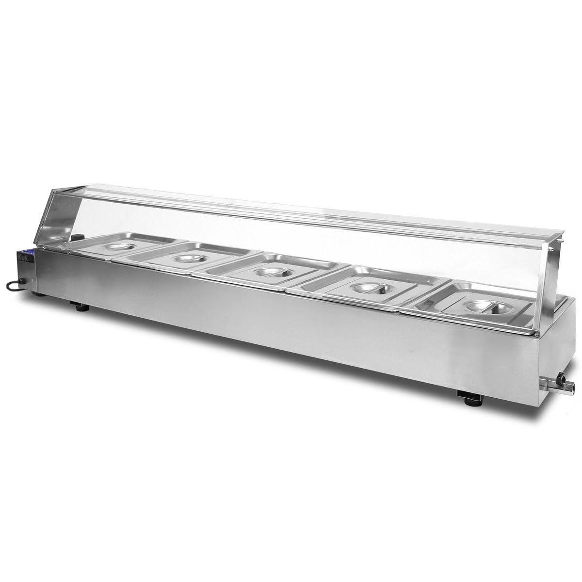 Espositore Bagnomaria in Acciaio Inox con 5 Vaschette da 7L – Ideale per Ristoranti, Takeaway e Catering – Vetrina in Vetro, Termostato 30–110°C, Facile da Pulire con Scarico Laterale
