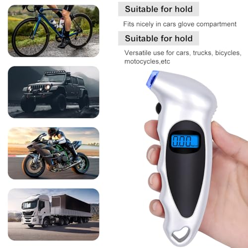 Image of KVAEY Digital Tire Pressure Gauge, 150 PSI 4 Settings Accurate Tire Gauge with Non-Slip Grip, Backlight LCD Tire Pressure Gauge Reader Checker Tool for Car Truck Bicycle Motorcycle (Silver)