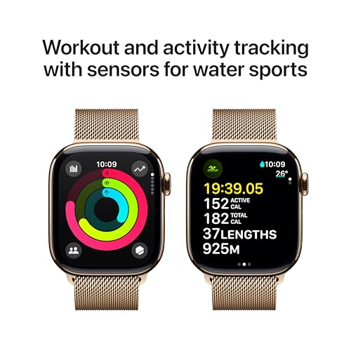 Image of Apple Watch Series 10 [GPS + Cellular 42 mm] Smartwatch with Gold Titanium Case with Gold Milanese Loop. Fitness Tracker, ECG App, Always-On Retina Display, Carbon Neutral