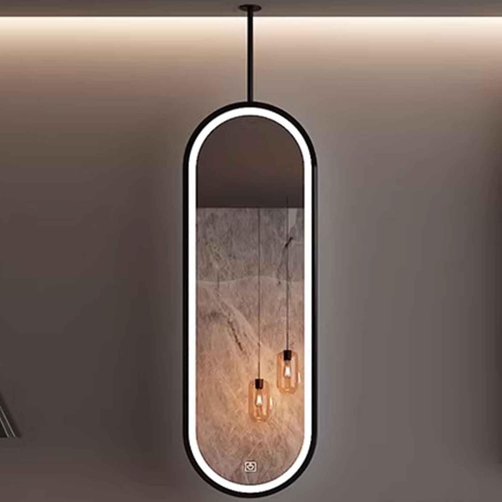 FGXHHS Oval Ceiling Hanging Vanity Make-up Mirrors, 3 Colors Dimmable With Black Metal Framed Wall Mounted Mirrors(50cmx80cm)