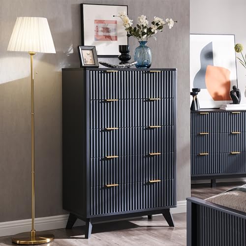 Image of T4TREAM Fluted 5 Drawers Dresser, 48 inch Tall Modern Chest of Drawers with Faux Marble Top, Curved Profile Design, Wood Drawer Organizer for Bedroom, Living Room, Hallway, Entryway, Dark Grey