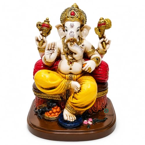 Image of Marble Singhasan Ganpati Idol 8.5 Inch | Lord Ganesha Showpiece for Home Temple, Office Desk, Living Room, Pooja Room | Multicolor Glossy Decorative Statue & Spiritual Gift