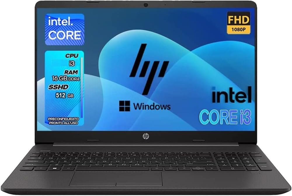 HP Notebook i3 250 G9 Grey Portatile Display Led 15.6" FHD Cpu Intel core i3-1215U 12Th Gen Fino a 4,4Ghz /Ram 16Gb DDR4 /SSHD M2 1250GB /Vga Intel UHD/Hdmi Lan Wifi Bt/Windows 11 Pro/Mouse Wifi