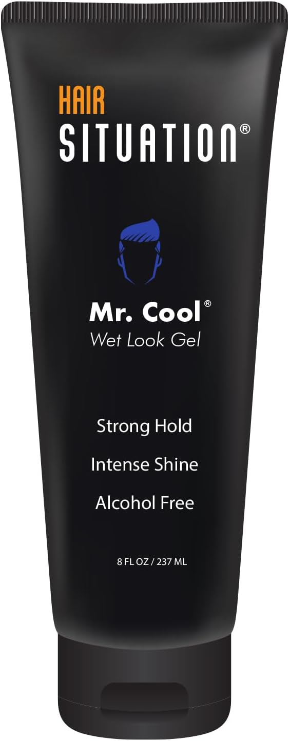 Hair Situation Mr. Cool Wet Look Strong Hold Hair Styling Hair Gel, High Shine, Anti-Humidity Shield, Anti-Frizz Fly Away, Alcohol-Free, No Flake Formula Made with Vitamins to Strengthen Hair, 8 Fl Oz
