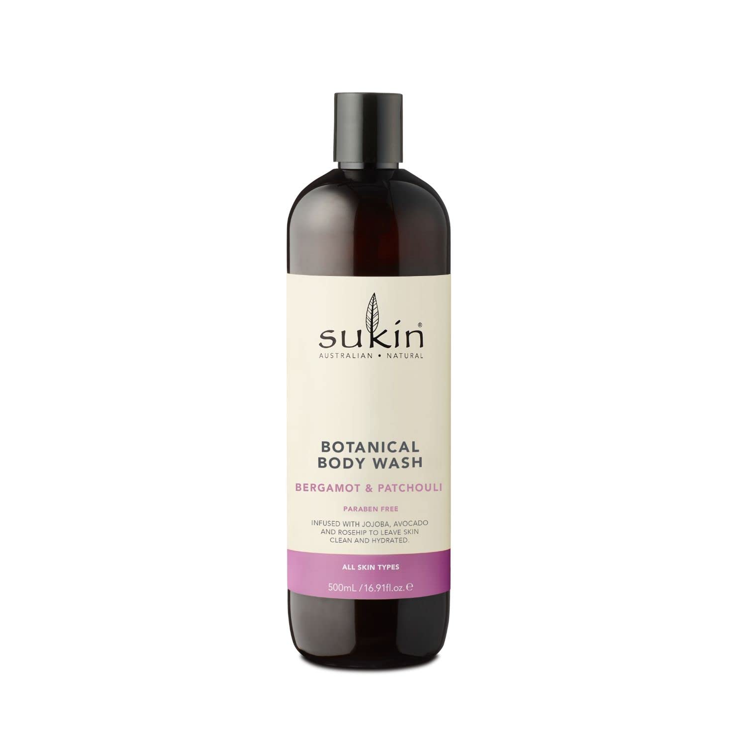 Sukin - Botanical Body Wash - Bergamot and Patchouli - Contains Calming Aloe Vera, for All Skin Types - Blend of Rosehip, Avocado and Jojoba Oil - 500ml