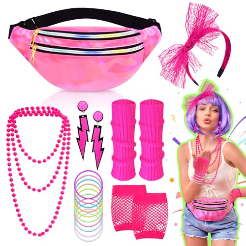 20Pcs 80s Costume Outfits Accessories,Pink 80s Fancy Dress for Women with Holographic Fanny Pack Leg Warmers Lace Headband Earrings Fishnet Gloves Necklaces Bracelets for Retro Parties Hen Do Parties
