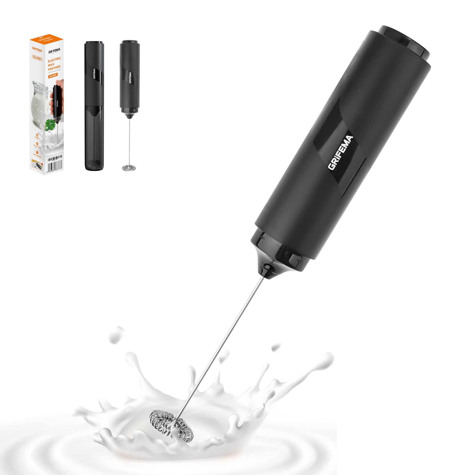 GRIFEMA Hand Milchaufschäumer Batteriebetrieben, Tragbar Milk Frother Elektrisch 13000U/min, Milchaufschäumer Elektrisch Ergonomisch, Leicht zu Reinigen, Aufschäumer Stab für Latte, Matcha-Tee, Kakao