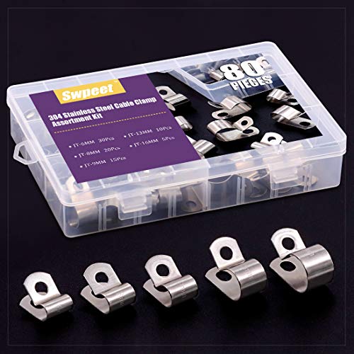 Swpeet 80Pcs 304 Stainless Steel 6mm16mm Vinyl Cable Coated Clamps