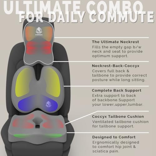 Image of MRRON Memory Foam Posture Corrector Car Seat Cushions Combo | Orthopedic Backrest, Coccyx Cushion & Neckrest | Ergonomic Lumbar Comfort Seat Cushion | (Grey, Backpro)