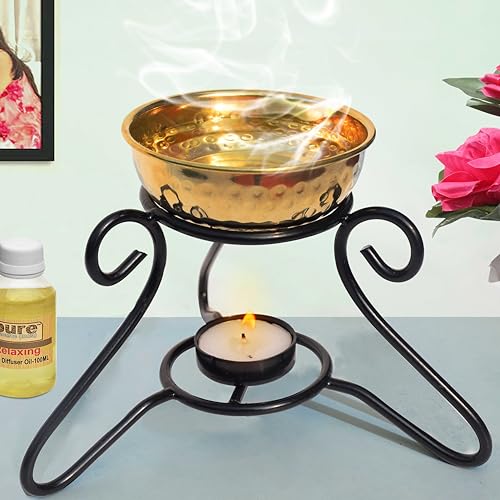 Image of Pure Source India Oil Diffuser Set with Metal Powder Coated Stand and Pure Brass Bowl with 1 Tea Light and 10 ML Lemon Grass Aroma .(Oil Diffuser Set)