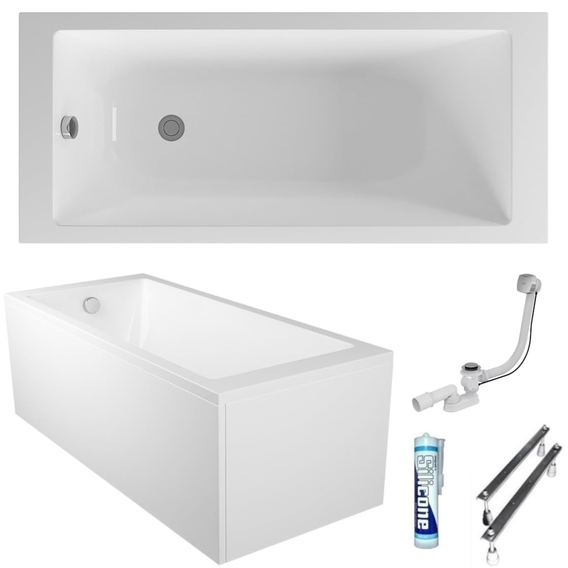 ECOLAM Vasca da bagno TAMI 140 x 70 cm + grembiule, vasca rettangolare in acrilico sanitario, set completo con grembiule acrilico, scarico e troppopieno, set di piedini automatici in silicone