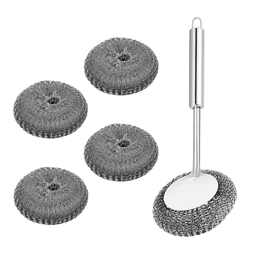 FUYTSUO Lot de 4 éponges en acier inoxydable avec poignée pour nettoyer la vaisselle, les poêles, les éviers, etc., pour dissoudre les taches tenaces dans la cuisine