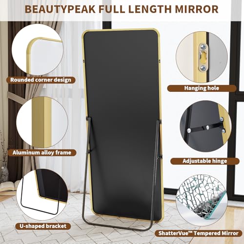 Image of BEAUTYPEAK Gold Full Length Mirror, 56 inchx21 inch Rounded Corner Floor Mirror Standing Hanging or Leaning Against Wall, Suitable for Bedroom or Dressing Room