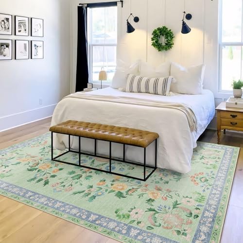 Alfombra Area MUJOO 5x7 Boho Floral Verde Lavable miniatura 3