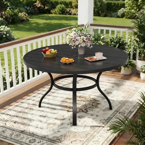 Image of Incbruce Patio Dining Table, 53 inch Round Table Metal Steel Slat Table with 1.57 inch Umbrella Hole, for Backyards, Porches, Gardens, or Poolside