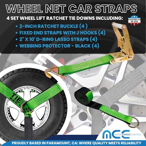 Image of Mega Cargo Control 4 Set 2 inch x 10' Wheel Lift D Ring Lasso Strap w / (4) 2 inch Ratchet, (4) Wire J Hook, (4) Lasso Winch Sleeve Protector - (Gift) | Ratcheting Tow Truck & Hauling (Green)
