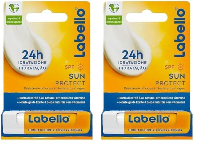 Labello Sun Protect Lippenbalsam SPF30 5.5 ml Lippenbalsam mit UVA/UVB-Filtern, Bienenwachs und natürlichen Ölen, Lippenbalsam feuchtigkeitsspendende Sonnencreme für 24 Stunden (Packung mit 2)